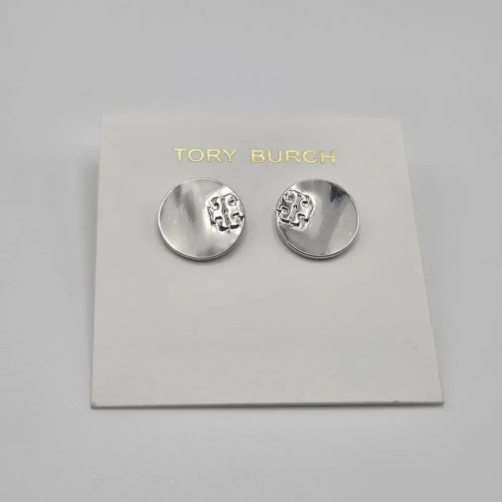 NEW Tory Burch Serif Stripe Disc Stud Earrings Silver Double T Logo - Picture 3 of 5